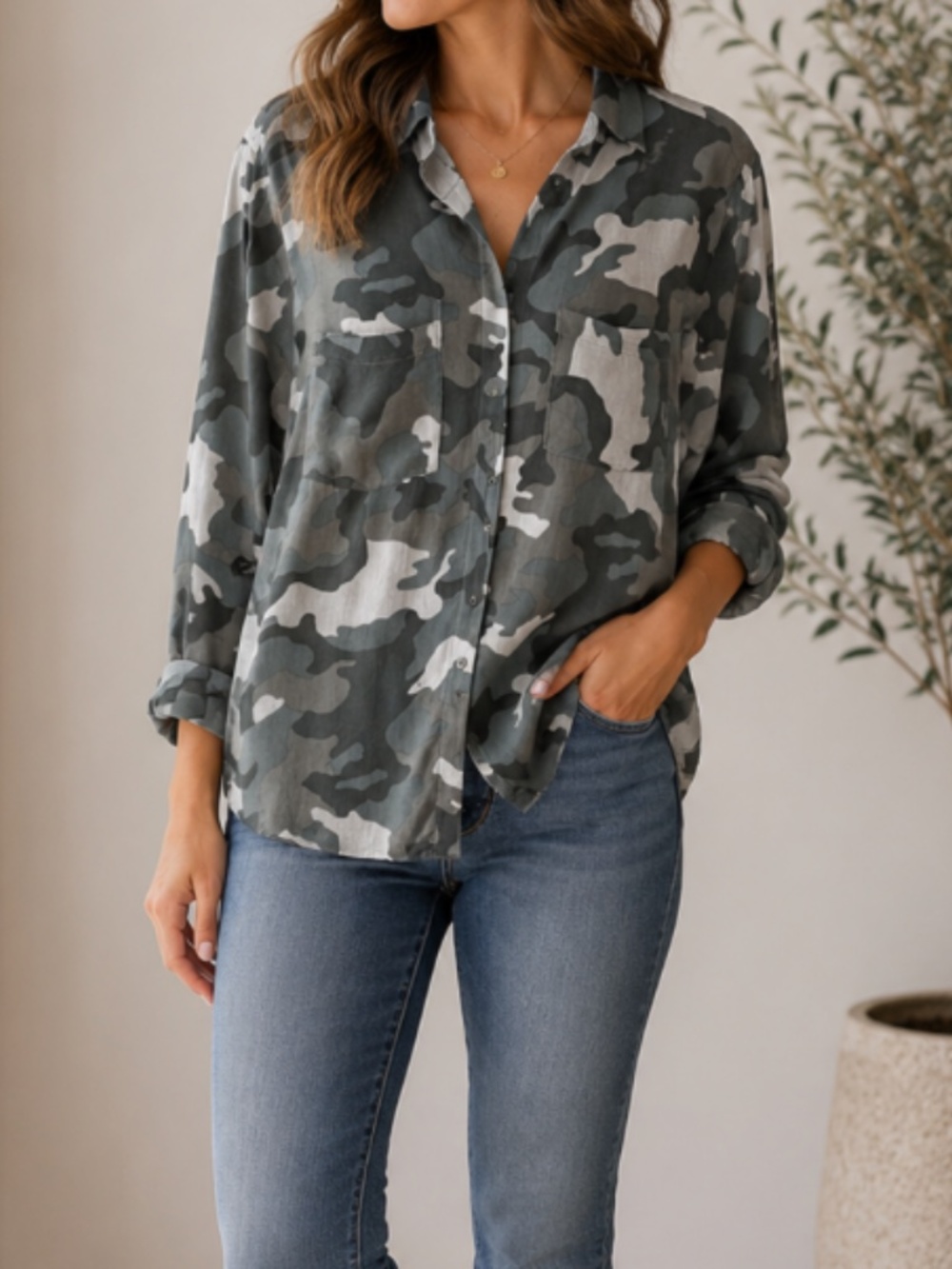 Hippie Rose | Camouflage Button-Up Blouse Women’s XL | Lightweight Rayon Top